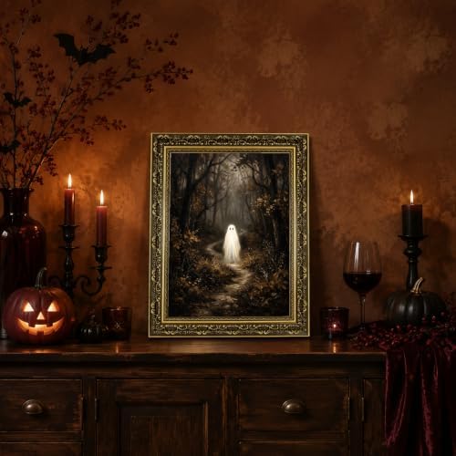 Gold Vintage Framed Ghost In Forest Wall Art, Whimsical Halloween Decor