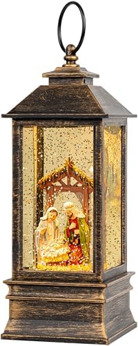 10'' Musical Snow Globe Lantern Lighted Nativity Manger Scene Water Lantern Swirling Glittering Home Decoration and Gift, Battery Operated or USB Powered