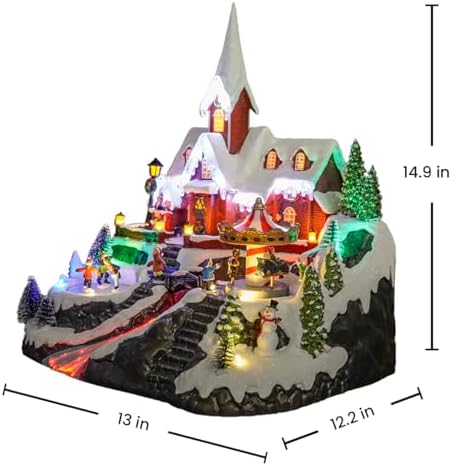 15" Christmas Village Church House - Animated Winter Scene with Turning Skaters, Rotating Carousel, Fiber Optic Lights, and Music for Christmas Home Decor Gift - Adapter Included