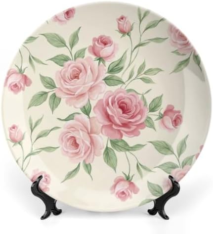 Pink Rose Decorative Plates 8 Inch Romantic Home Decor Wall Plates with Stand Office Kitchen Dining Room