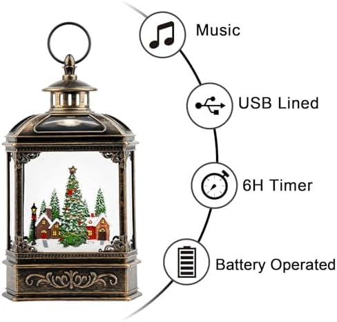 Christmas Village Snow Globe Lantern Musical Lighted Village House Water Lantern in Swirling Glitter, Christmas Home Decoration and Gift, Battery Operated or USB Powered