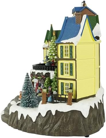 Christmas Village Houses, Electric Ornaments Buildings Light Up Scene Christmas Decorations LED Snow Cover Decor, Rotating Christmas Trees and Roller Skaters