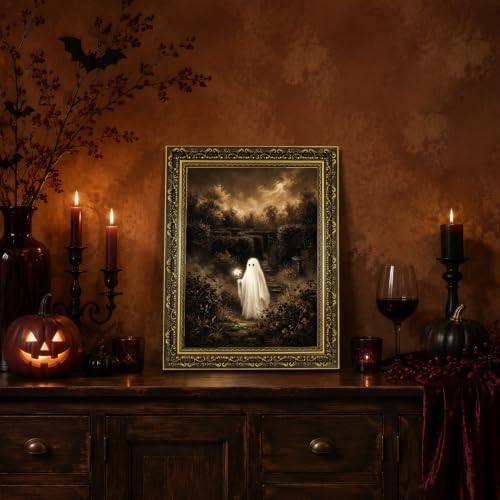 Gold Vintage Framed Ghost Wall Art, Whimsical Halloween Nature Print
