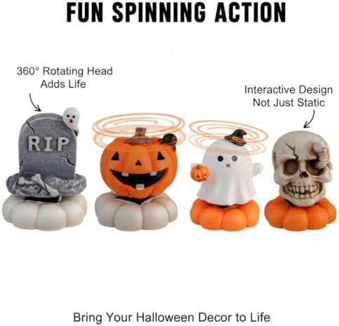 Halloween Rotating Resin Figurine, Spinning Pumpkin Ghost Skeleton Desktop Decoration, Cute Halloween Tabletop Decor for Home Office Party Tiered Tray Display