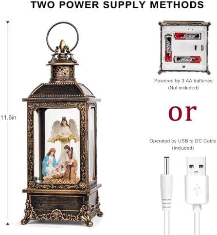 VISFLAIR Christmas Snow Globe Lighted Angel & Nativity Scene, Musical Water Lantern in Swirling Glitter, Battery Operated or USB Powered Holiday Decorations Gifts for Family, Children or Friends
