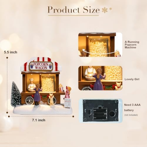 MUMTOP Christmas Village House, Animated Popcorn Wagon with Light and Music
