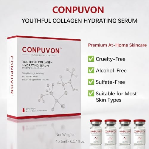 CONPUVON™ Youthful Collagen Hydrating Serum Cosmetic Applicator Kit, 4 Vials + 2 Cosmetic Tips (0.25mm), Collagen Peptides, 4-Week Skincare Routine, Hydrating Skincare Set, All Skin Types