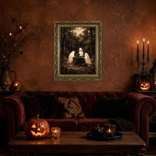 Gold Vintage Framed Ghost Wall Art, Spooky Halloween Forest Print