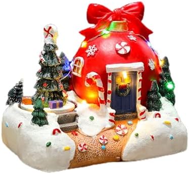 Holiday Seasonal Musical House Resin Ornament with Colorful LED Light Christmas Rotating Figurines Statue Desktop Decors LED Light Christmas Ornament