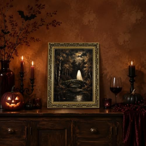 Gold Vintage Framed Ghost Bridge Wall Art, Spooky Halloween Forest Print