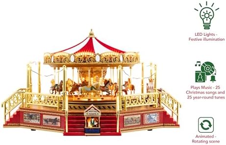 Mr. Christmas Gold Label Animated and Musical Carousel, Christmas Decoration, LED Lights, Plays 50 Songs, 8 Inch, Red