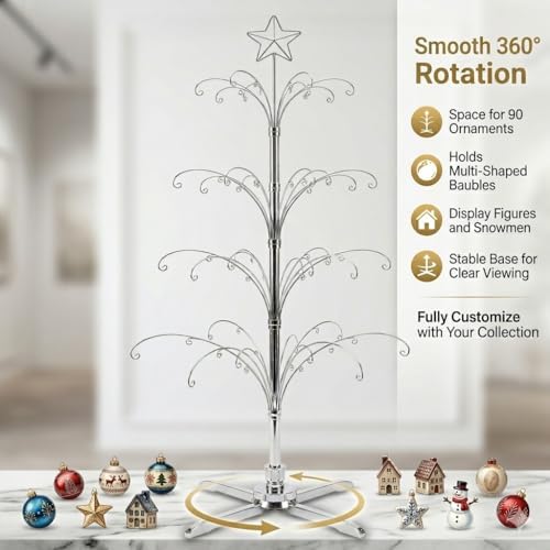 HOHIYA 74" Rotating Ornament Display Tree 90 Hooks Chrome Silver