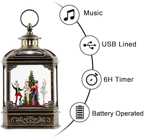 Christmas Snow Globe Lantern Lighted Nutcracker Ballet Stage Scene Musical Snow Water Lantern Swirling Glittering Home Decoration and Gift, Battery Operated or USB Powered