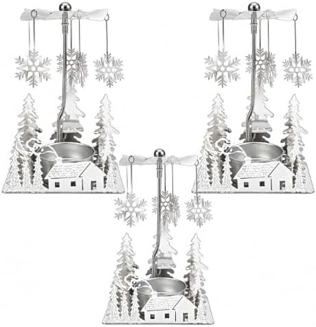 Winter Cabin Silver Holiday Candle Spinners Set of 3, Silver Plated Laser Cut Christmas Tea Light Candle Holders with Cabin, Trees & Snowflake Charms, Spinning Winter Scene Table Decor, 5 Inch