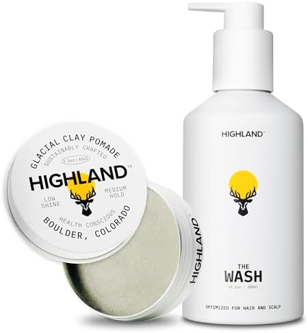 Highland Natural Hair Care Bundle – Glacial Clay Pomade (Medium Hold, Matte Finish, 9 Botanical Ingredients) + The Wash Botanical Cleanser (Caffeine, Protein-Rich, Hydrating, Sulfate-Free)