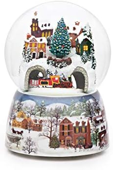 Roman - 6" H 120mm Musical Rotating Christmas Train in Village Glitterdome, Tabletop Holiday Decoration
