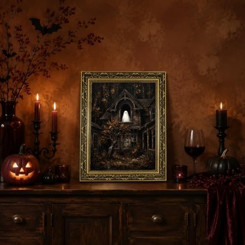 Gold Vintage Framed Ghost In Window Wall Art, Spooky Halloween Home Decor