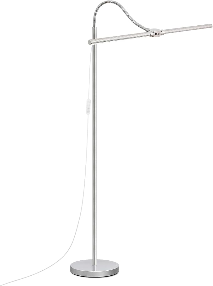 Bright Floor Lamp, 18W/2000LM Silver LED Floor Lamp with Double Head | Adjustable Gooseneck, Dimmable Craft Light for Sewing Tatoo Puzzle，Eye Caring Reading Lamps for Living Room Bedroom Office