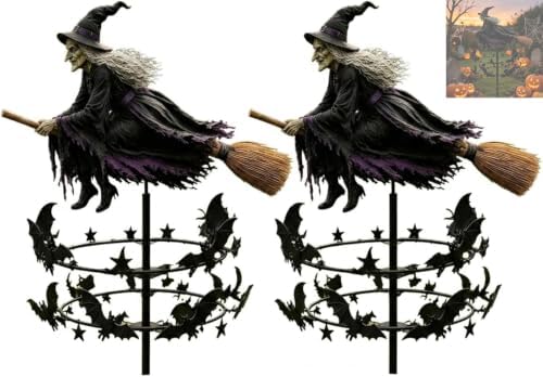 2pcs The Enchanted Witch Garden Wind Spinner, Flying Witch & Bat Design