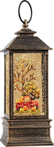 10'' Fall Snow Globe Lantern, Thanksgiving Lighted Lantern, Swirling Glitter Snow Globe for Fall Harvest Day Decorations, Home Fall Decor Gift (Truck&Pumpkins)