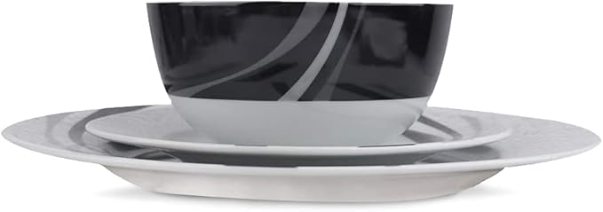 Amazon Basics 18-Piece Complete Kitchen Dinnerware Set, Microwave and Dishwasher Safe, Plates, Dishes, Bowls, Swirl, Heat Resistant, Service for 6, Everyday Use