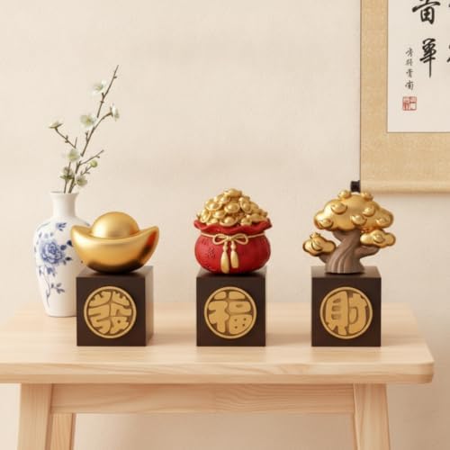 3 Pieces Rotating Ornaments with Pedestal Prosperity Tabletop Tree Miniature Metal Ingot Figurine for Office Desk, Color to 1, Small