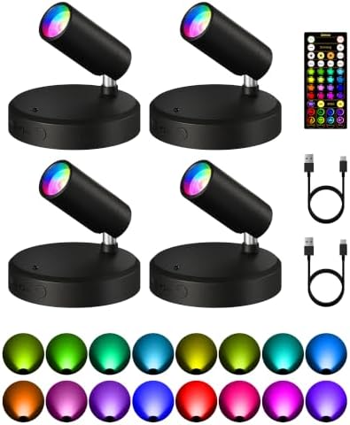 EZVALO RGB Spotlights Indoor with Remote, Wireless 5000mAh Rechargeable Accent Lights, 83 Color Changing & DIY Modes, Mini Spotlight for Plants, Artwork, Display Cabinet, Shelves & Home Decor (4 Pack)
