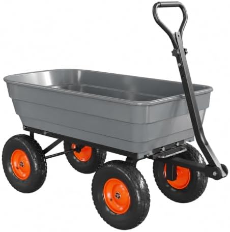 Heavy-Duty 1200 lb Poly Garden Dump Cart with 180° Adjustable Handle, Quick-Release Dump & All-Terrain Utility Wagon – Gray Bucket with Orange Rims