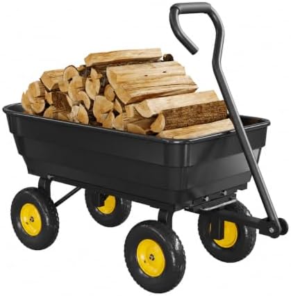 Heavy-Duty 1200 lb Poly Garden Dump Cart with 180° Adjustable Handle, Quick-Release Dump & All-Terrain Utility Wagon – Black Bucket with Yellow Rims