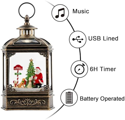 Snow Globe Lighted Christmas Decorations, Santa Claus & Pups Musical Water Lantern with Swirling Glitter, Christmas Holiday Party Gifts and Decorations