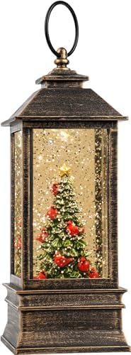 VISFLAIR 10'' Lighted Christmas Tree Cardinal Music Snow Globe Water Lantern with Swirling Glitter Decoration for Christmas Home, Living Room, Battery Operated or USB Powered
