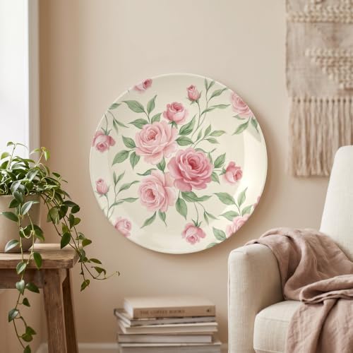 Pink Rose Decorative Plates 10 Inch Romantic Home Decor Wall Plates with Stand Office Kitchen Dining Room