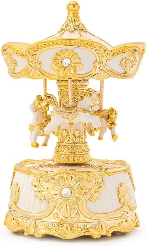 MXwcy 6.2" Horse Carousel Music Box, Vintage Rotating Merry Go Round with Wind Up Melody, Gold & Ivory Musical Carousel Decor, Elegant Tabletop Centerpiece & Keepsake Gift for Mom Women Girls