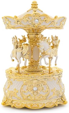 Carousel Music Box Gold & Ivory 8.7" Rotate Christmas Music Box for Kids & Adults, Classic Wind up Cylinder Music Box Valentines Day Gifts for Women Girls Mom Carousel Horse Musical Lantern Home Decor