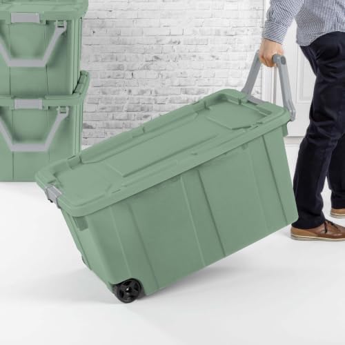 2-Pack 40 Gallon Wheeled Storage Bins With Latching Lids And Pull Handles, Heavy-Duty Rolling Totes For Garage Moving And Organization, Green