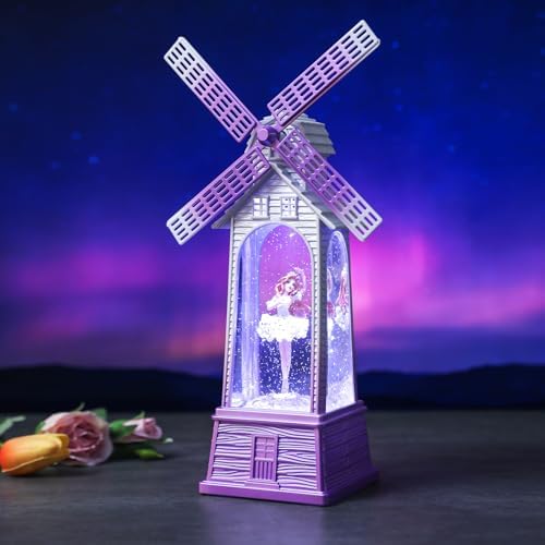Windmill Christmas Snow Globes Ballerina, Rotating Shatterproof Music Box