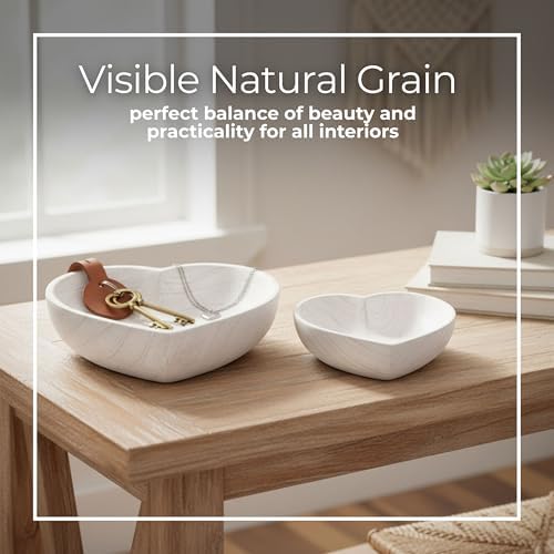 Paulownia Wood Decorative Bowls – Accent Bowl Set for Catch-All Storage, Table or Shelf Styling in Living Room or Bedroom – Heart Shape Decorative Character Detail, Home Decor – 9"&10", White Finish