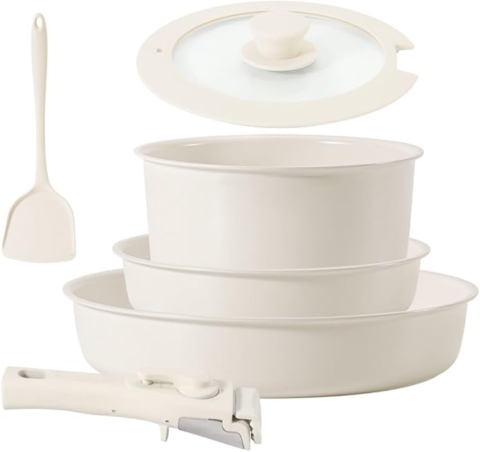 Pots and Pans Sets Non Stick，6PCS Ceramic Cookware Sets Nonstick Detachable Handle，Induction hob Pans(beige)