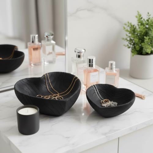 Set of 2 Wooden Decorative Bowls – Accent Bowl Set for Everyday Display, Coffee Table or Entryway Styling – Heart Shape Design for Soft, Sculptural Impact, Home Decor – 10" & 8", Black