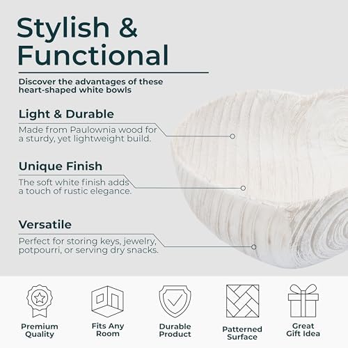 Paulownia Wood Decorative Bowls – Accent Bowl Set for Catch-All Storage, Table or Shelf Styling in Living Room or Bedroom – Heart Shape Decorative Character Detail, Home Decor – 9"&10", White Finish