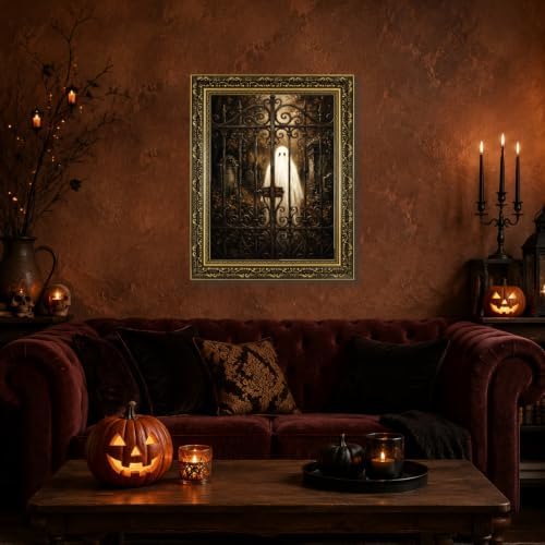 Gold Vintage Framed Ghost Wall Art, Spooky Halloween Cemetery Print