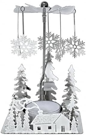 Holiday Cabin Candle Spinner, Silver Plated Christmas Tea Light Holder with Laser Cut Cabin, Trees & Snowflake Charms, 5 Inch Spinning Winter Scene Candle Decor for Mantel Table Centerpiece