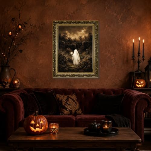 Gold Vintage Framed Ghost Wall Art, Whimsical Halloween Nature Print