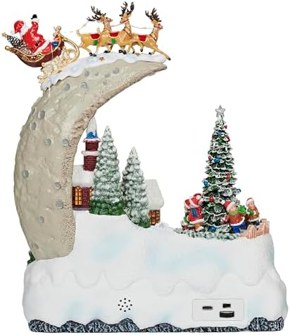 Roman LED Musical Santa Over Moon Village, 11.7" Amusments, Rotating Kids Scene, Lighted Christmas Village Décor, USB or Battery Operated