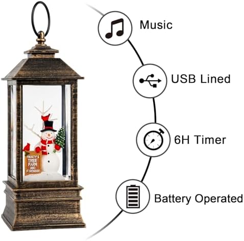 10'' Frosty's Tree Farm Snowman Musical Lighted Snow Globe Water Lantern with Swirling Glitter Decoration for Christmas Home, Living Room, Battery Operated or USB Powered