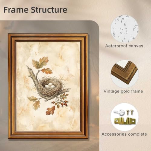 Bird Nest Halloween Wall Art, Gold Vintage Framed Rustic Nature Print