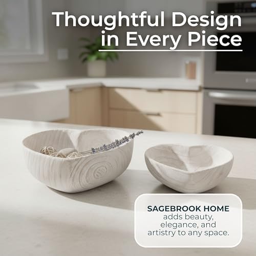 Paulownia Wood Decorative Bowls – Accent Bowl Set for Catch-All Storage, Table or Shelf Styling in Living Room or Bedroom – Heart Shape Decorative Character Detail, Home Decor – 9"&10", White Finish