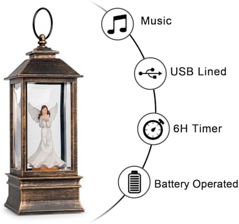 10'' Musical Snow Globe Lantern Lighted Angel with Dove Water Lantern Swirling Glittering Home Decoration and Gift, Battery Operated or USB Powered