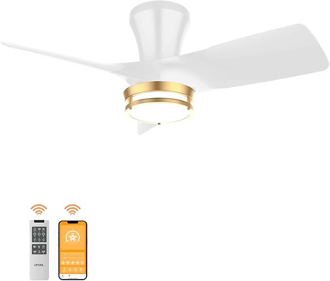 OPONL 30 Inch White Ceiling Fan with Light, with Gold Trim Ring, Large Air Volume, flush mount ceiling fan for Bedroom Kitchen Dining room Patio
