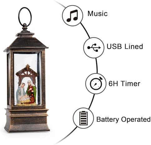 10'' Musical Snow Globe Lantern Lighted Nativity Manger Scene Water Lantern Swirling Glittering Home Decoration and Gift, Battery Operated or USB Powered